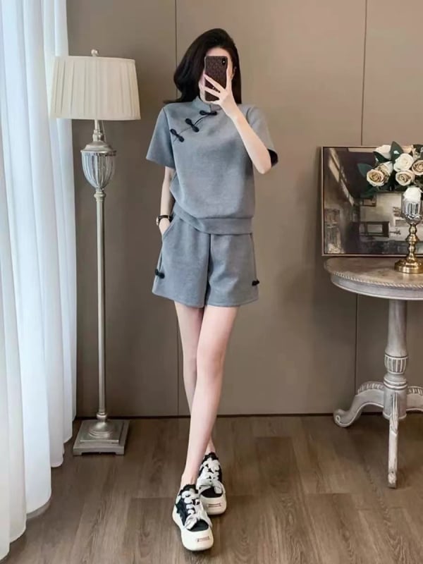 Set sportiv lejer de vară pentru femei, două piese: top cu mânecă scurtă și șorturi, stil urban, fără călcare, 90–95% spandex