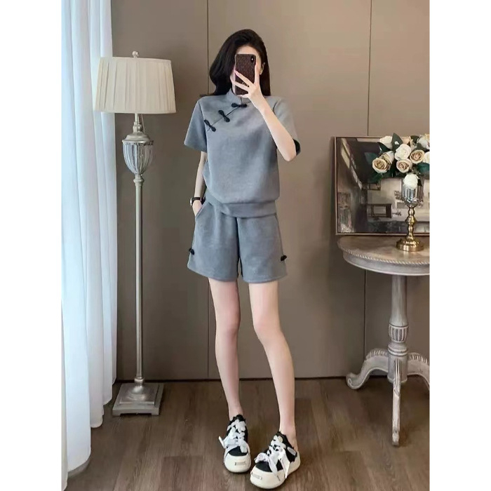 Set sportiv lejer de vară pentru femei, două piese: top cu mânecă scurtă și șorturi, stil urban, fără călcare, 90–95% spandex