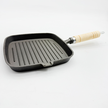 Lijevani željezni grill tava, kvadratna, unaprijed začinjena, bez premaza, drška od drveta, neprijanjajuća, dubina 2,5 cm