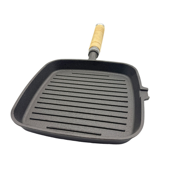 Lijevani željezni grill tava, kvadratna, unaprijed začinjena, bez premaza, drška od drveta, neprijanjajuća, dubina 2,5 cm