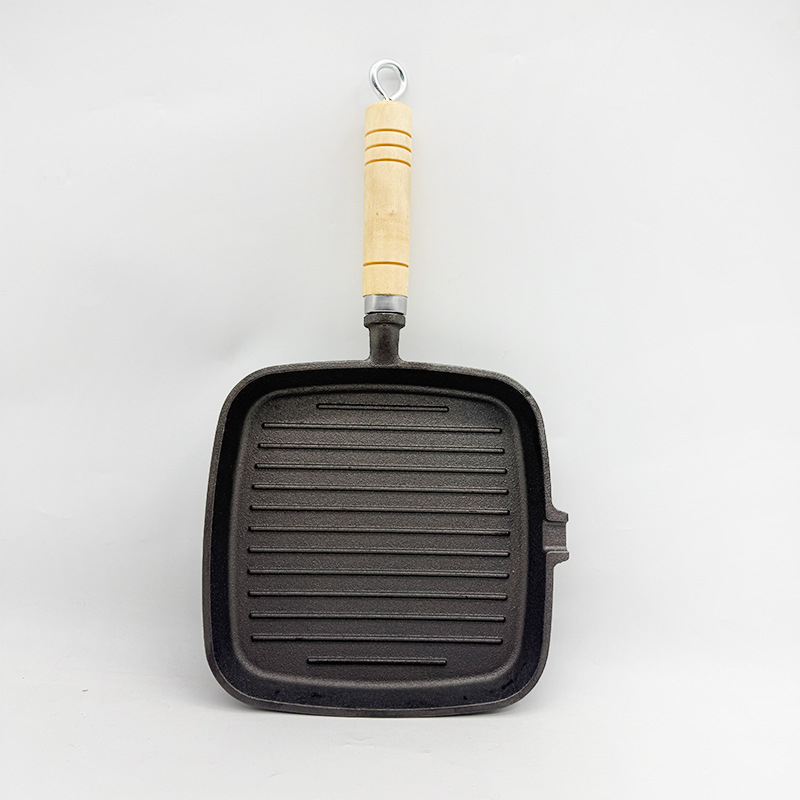 Lijevani željezni grill tava, kvadratna, unaprijed začinjena, bez premaza, drška od drveta, neprijanjajuća, dubina 2,5 cm