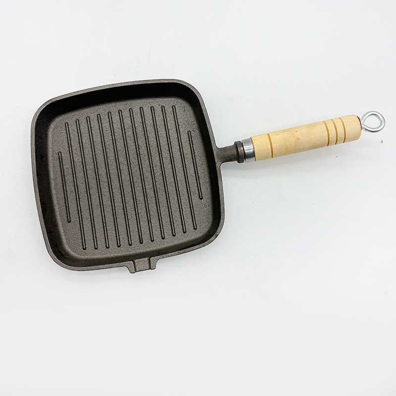 Lijevani željezni grill tava, kvadratna, unaprijed začinjena, bez premaza, drška od drveta, neprijanjajuća, dubina 2,5 cm