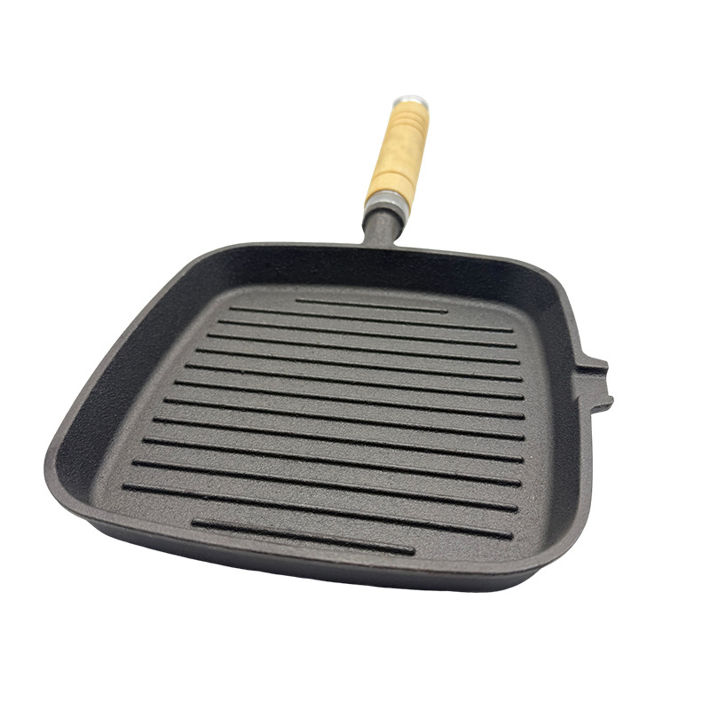 Lijevani željezni grill tava, kvadratna, unaprijed začinjena, bez premaza, drška od drveta, neprijanjajuća, dubina 2,5 cm