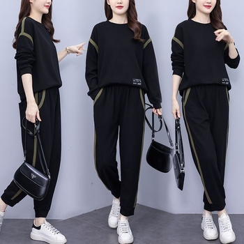 Costum casual din două piese pentru femei — mâneci lungi, pantaloni trei sferturi, imprimare și vopsire, țesătură PVC, primăvara 2025