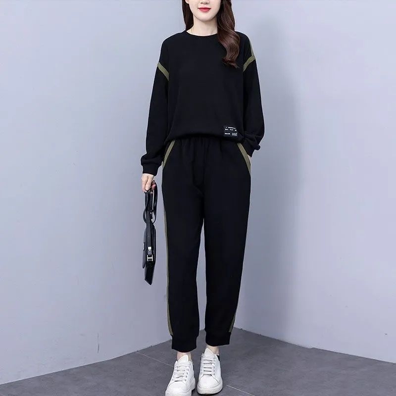 Costum casual din două piese pentru femei — mâneci lungi, pantaloni trei sferturi, imprimare și vopsire, țesătură PVC, primăvara 2025