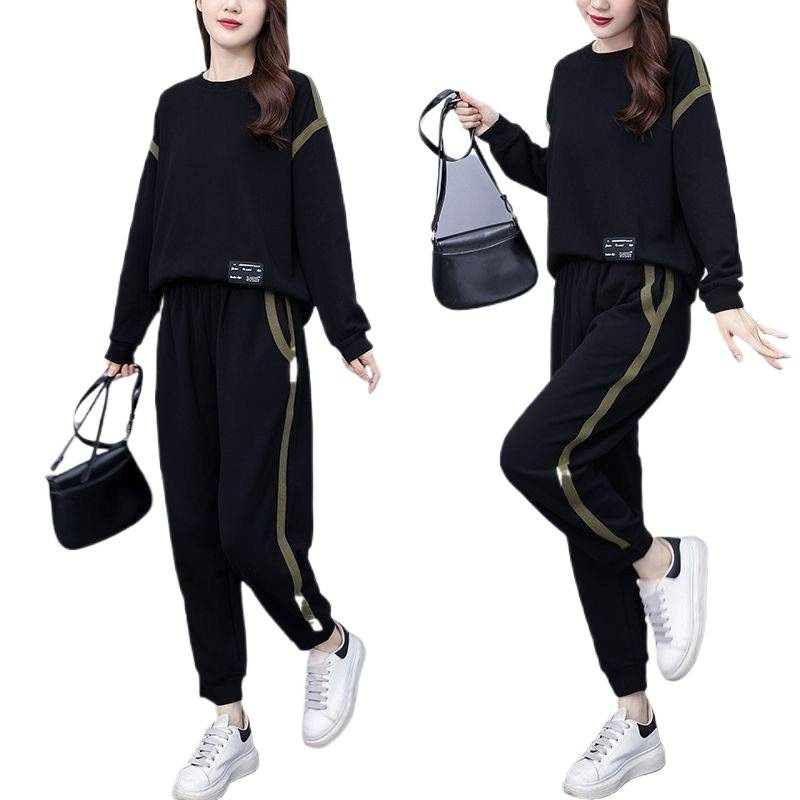 Costum casual din două piese pentru femei — mâneci lungi, pantaloni trei sferturi, imprimare și vopsire, țesătură PVC, primăvara 2025