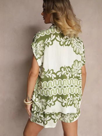Dva dijela komplet: košulja s cvjetnim uzorkom i kopčanim ovratnikom, kratki rukav, hlače do 3/4, poliester-elastan smjesa, casual stil