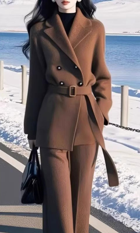 Ženski hlačni kostim: blok uzorak, pleteni materijal, jezgra pređa i akrilna smjesa, jesen 2025