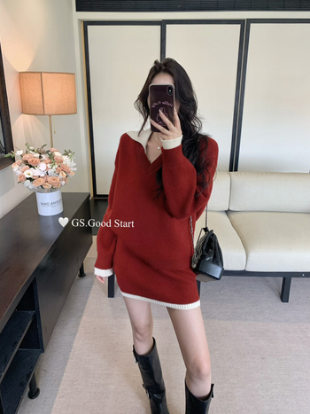 Костюм с пола и плетен топ от вискоза, мерсеризирана материя, дълги ръкави, стил колеж, за зима, пролет и есен