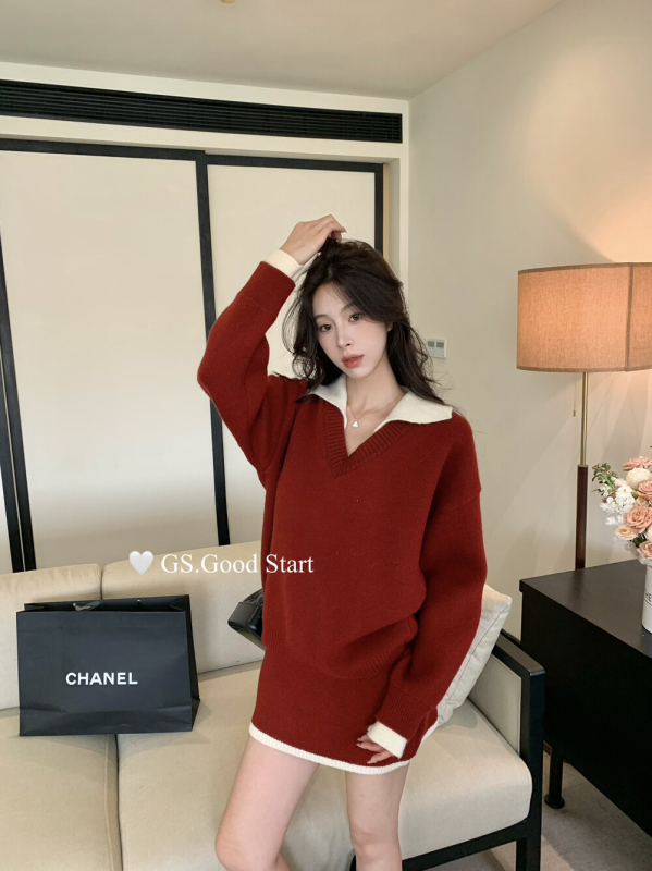 Костюм с пола и плетен топ от вискоза, мерсеризирана материя, дълги ръкави, стил колеж, за зима, пролет и есен