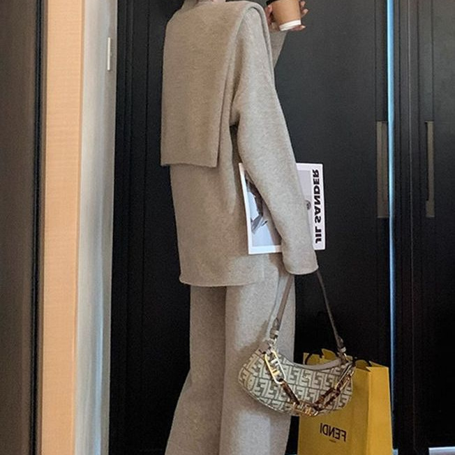 Ženski modni set u stilu Chanel za jesen/zimu, elegantan izgled društvene dame inspiriran korejskim dramom, trodijelni komplet sa širokim hlačama