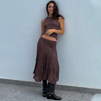 Francuski stil crop top i duga suknja set za žene — bez rukava, detalj s prorezom, poliester-elastan smjesa, proljeće 2025