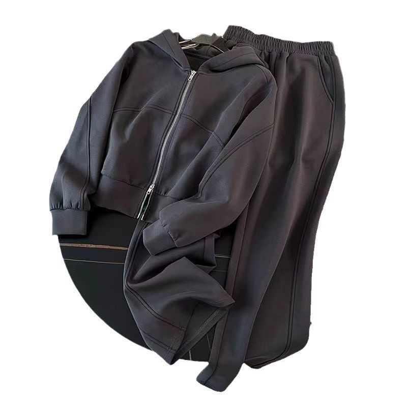 Ženski dvodijelni set: hoodie s kapuljom i široke hlače, jednobojni uzorak, poliester (80–90%), jesen 2025