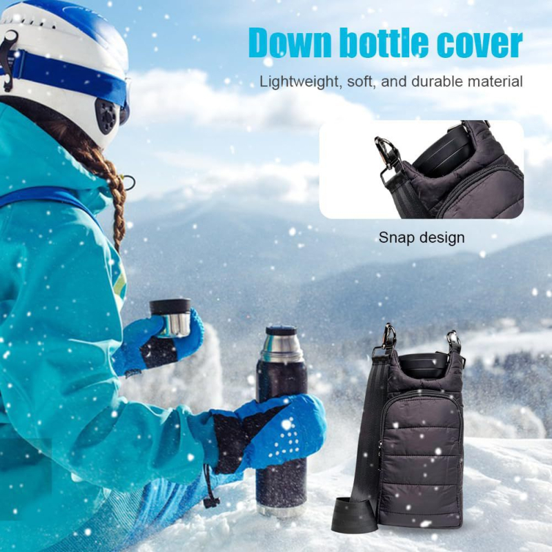 Szigetelt vízpalack tok; down-töltetű anyagból, összecsukható, vízfeltöltési funkcióval, jégcsomag-kompatibilis, modern minimalista függőleges négyszögletes dizájn, 60 darabos csomag