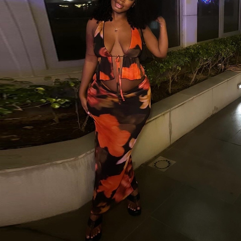 Dva dijela: top bez rukava i suknja s vezicama, 3D otisak, Milk Silk tkanina, poliester-elastin smjesa, proljeće 2024