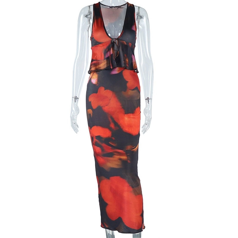 Dva dijela: top bez rukava i suknja s vezicama, 3D otisak, Milk Silk tkanina, poliester-elastin smjesa, proljeće 2024