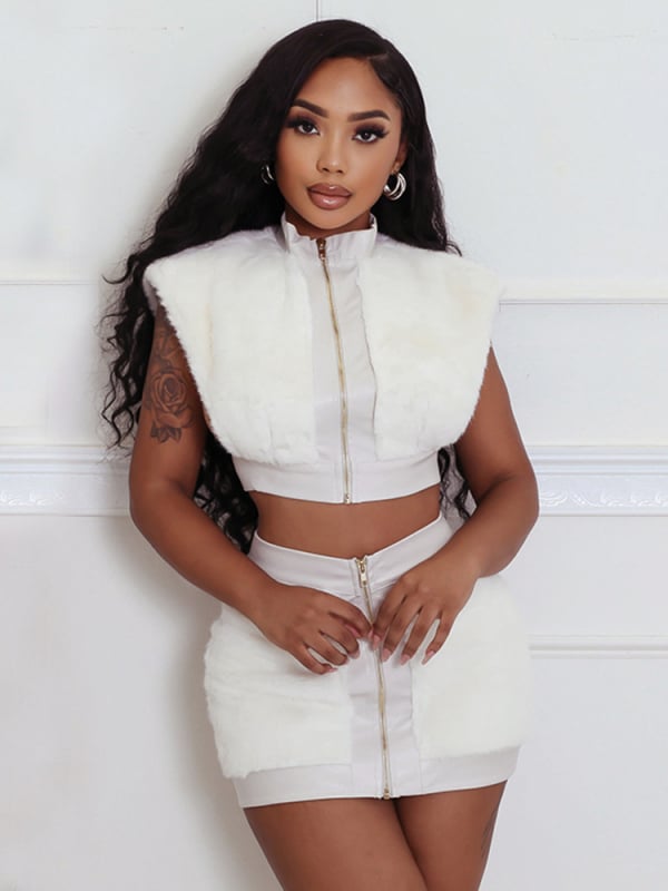 Ženski kostim sa suknjom u urbanom street stilu, patchwork dizajn, tkanina poliester-spandeks (95% poliester), kratka suknja, jesen 2024