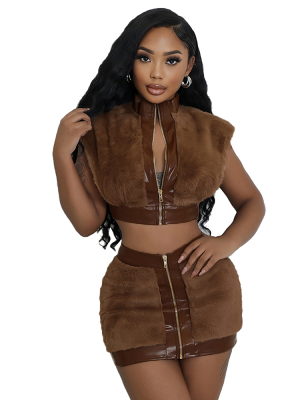 Ženski kostim sa suknjom u urbanom street stilu, patchwork dizajn, tkanina poliester-spandeks (95% poliester), kratka suknja, jesen 2024