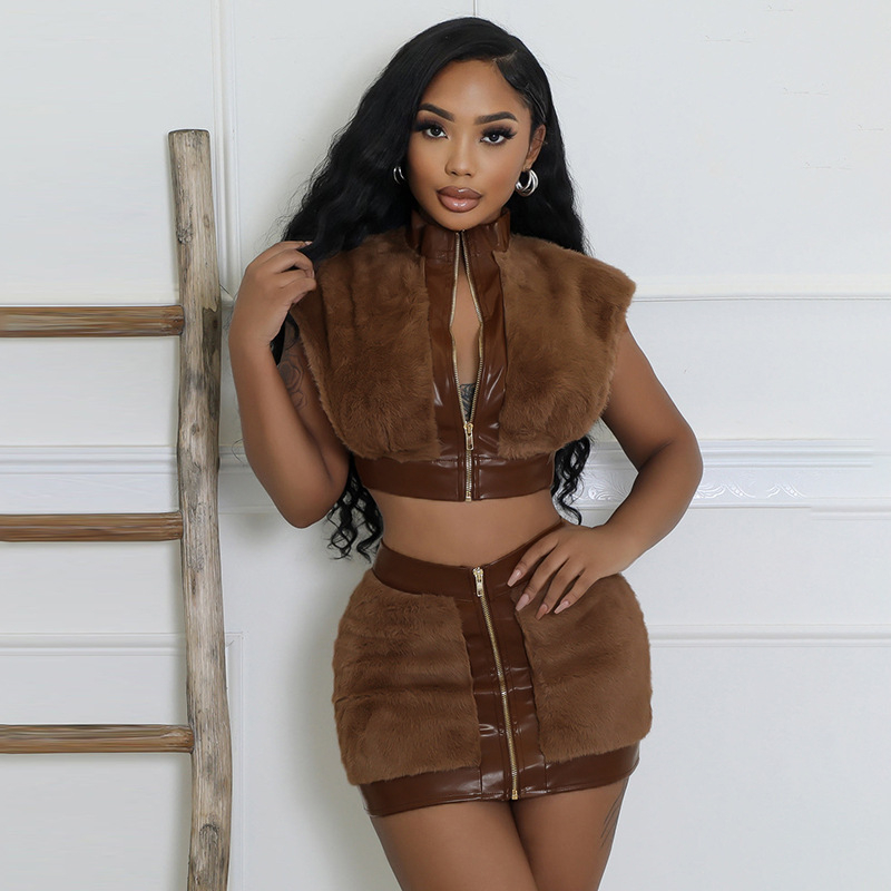 Ženski kostim sa suknjom u urbanom street stilu, patchwork dizajn, tkanina poliester-spandeks (95% poliester), kratka suknja, jesen 2024