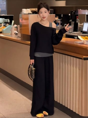 Dvo-dijelni casual set: pulover s asimetričnim ramenima i dugim rukavima te široke hlače u korejskom stilu za jesen 2025, PVC i spandex materijali