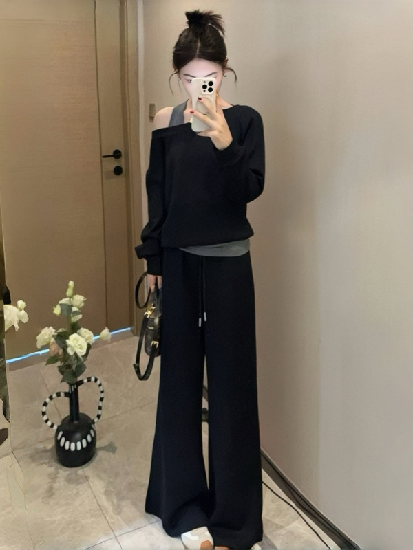 Dvo-dijelni casual set: pulover s asimetričnim ramenima i dugim rukavima te široke hlače u korejskom stilu za jesen 2025, PVC i spandex materijali
