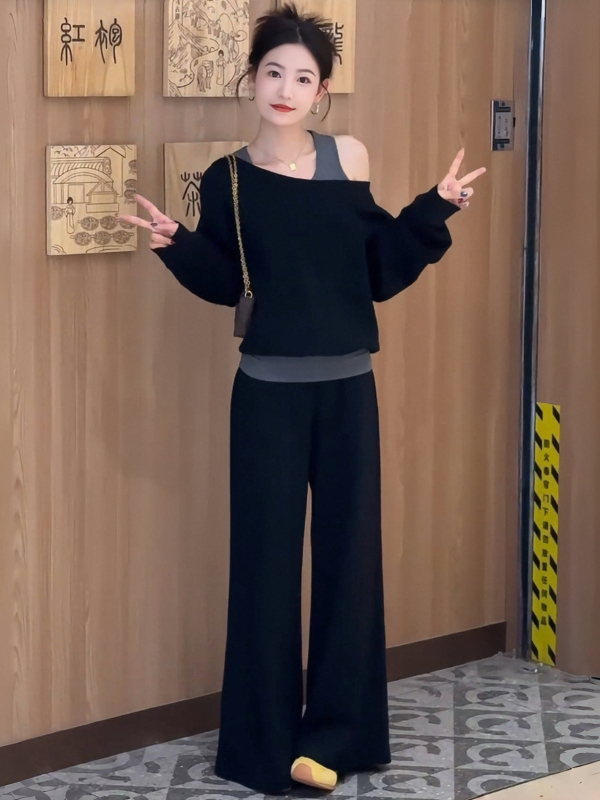 Dvo-dijelni casual set: pulover s asimetričnim ramenima i dugim rukavima te široke hlače u korejskom stilu za jesen 2025, PVC i spandex materijali