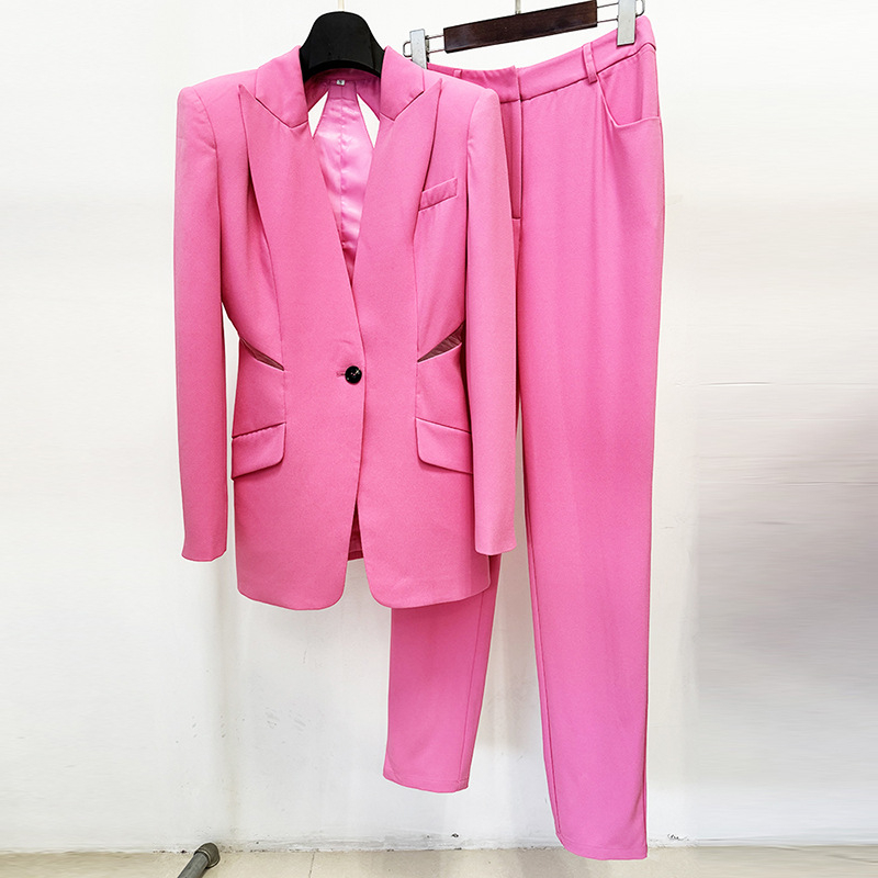 Set sako i uske hlače s prozirnim mrežastim patchworkom — poliester, duge rukave, proljeće 2026