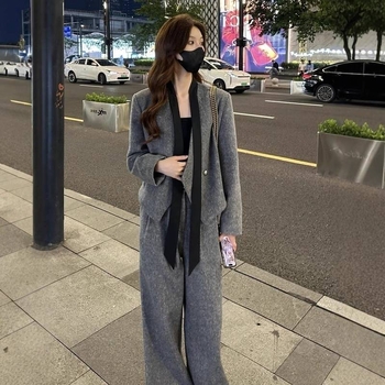 Modni ženski vuneni kostim sa sakoom i trakom te udobnim hlačama, dvodijelni set, korejski stil