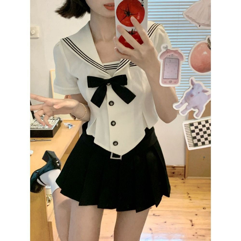 Női JK egyenruha tengeri-stílusú hosszú plisírozott szoknyával, poliészter, Feifei ujj - 2025 nyár