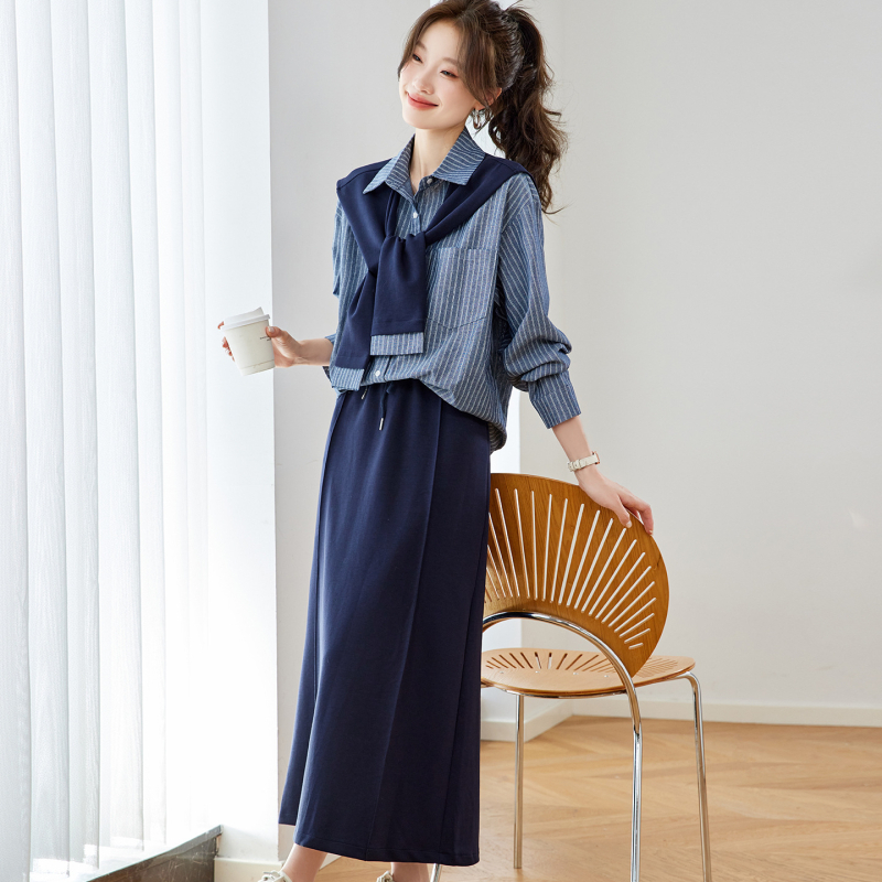 2025 rana jesen – Korejski stil, prugasta košulja i suknja, trodijelni set, casual elegantna ženska moda