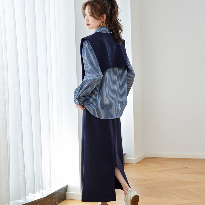 2025 rana jesen – Korejski stil, prugasta košulja i suknja, trodijelni set, casual elegantna ženska moda