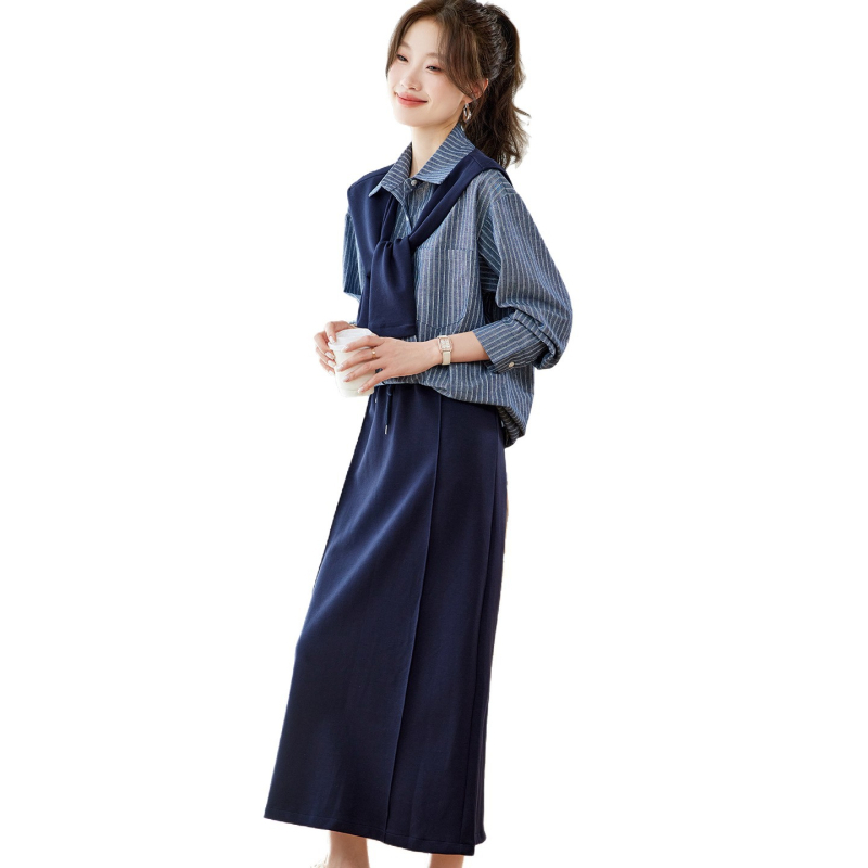 2025 rana jesen – Korejski stil, prugasta košulja i suknja, trodijelni set, casual elegantna ženska moda