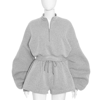 Ženski casual set: hoodica s kapuljom i šorcima na vezanje, jesen 2025, poliester/elastan, dugi rukavi, japansko-korejski ležerni stil