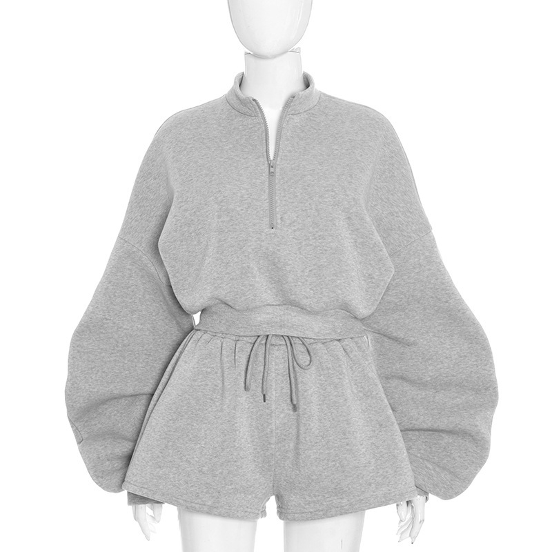 Ženski casual set: hoodica s kapuljom i šorcima na vezanje, jesen 2025, poliester/elastan, dugi rukavi, japansko-korejski ležerni stil
