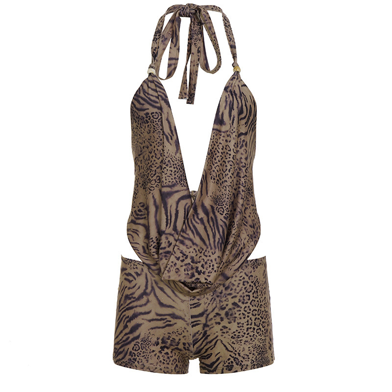 Leopard uzorak halter top i hlače do tri četvrtine, bez bora, poliester-spandeks smjesa, za sve sezone