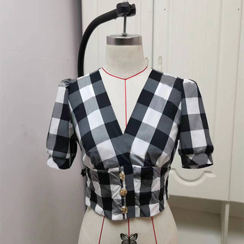 Ženski set: karirani retro top s puff rukavima, V-izrez, midi suknja