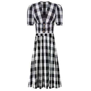 Ženski set: karirani retro top s puff rukavima, V-izrez, midi suknja