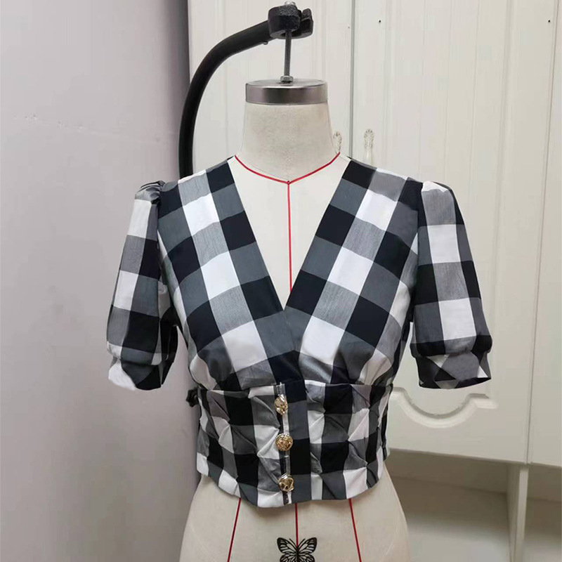 Ženski set: karirani retro top s puff rukavima, V-izrez, midi suknja