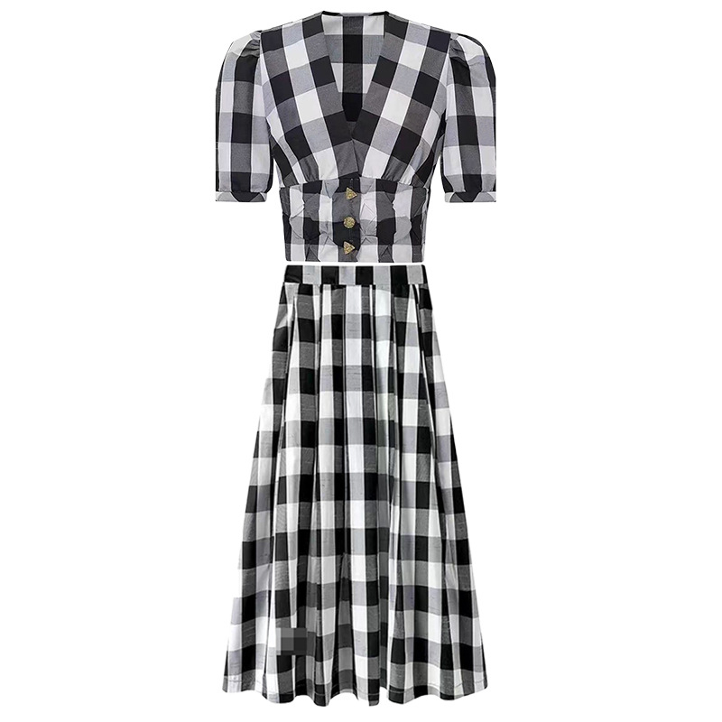 Ženski set: karirani retro top s puff rukavima, V-izrez, midi suknja