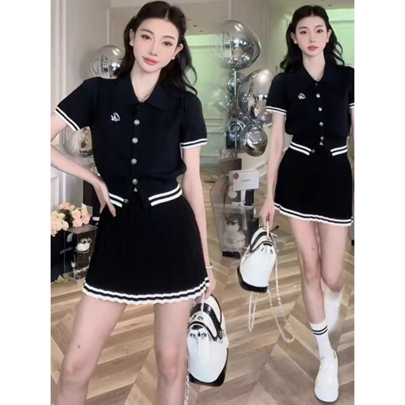 Dva dijela seta: pleteni top s polo ovratnikom i kratka suknja, svježi školski stil, za žene