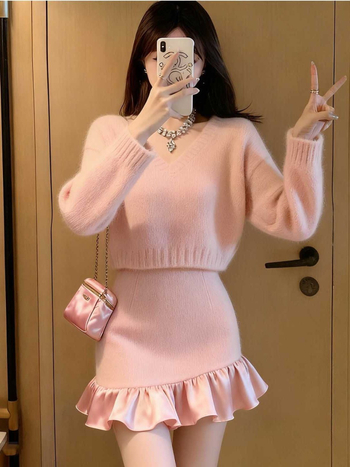 Dvodijelni pleteni set s topom s dugim rukavima i kratkom suknjom, kašmir tkanina, tisak i bojanje, proljetno izdanje 2025