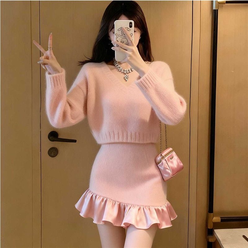 Dvodijelni pleteni set s topom s dugim rukavima i kratkom suknjom, kašmir tkanina, tisak i bojanje, proljetno izdanje 2025