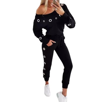 Asimetrični rameni top s dugim rukavima i hlače do gležnja – dvodijelni set, jednofarbni uzorak, tkanina od poliestera i elastana (90–95% poliestera, <30% elastana), proljeće 2024