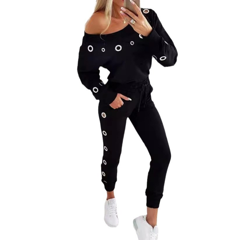 Asimetrični rameni top s dugim rukavima i hlače do gležnja – dvodijelni set, jednofarbni uzorak, tkanina od poliestera i elastana (90–95% poliestera, <30% elastana), proljeće 2024