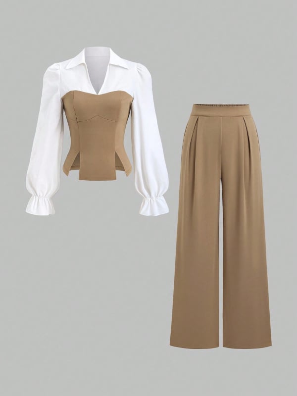 Ženski dvodijelni kostim za jesen/zimu, top s košuljom, dugi rukavi, jednobojni poliester, elegantan gradski stil