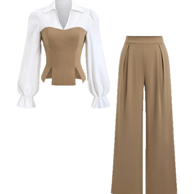 Ženski dvodijelni kostim za jesen/zimu, top s košuljom, dugi rukavi, jednobojni poliester, elegantan gradski stil