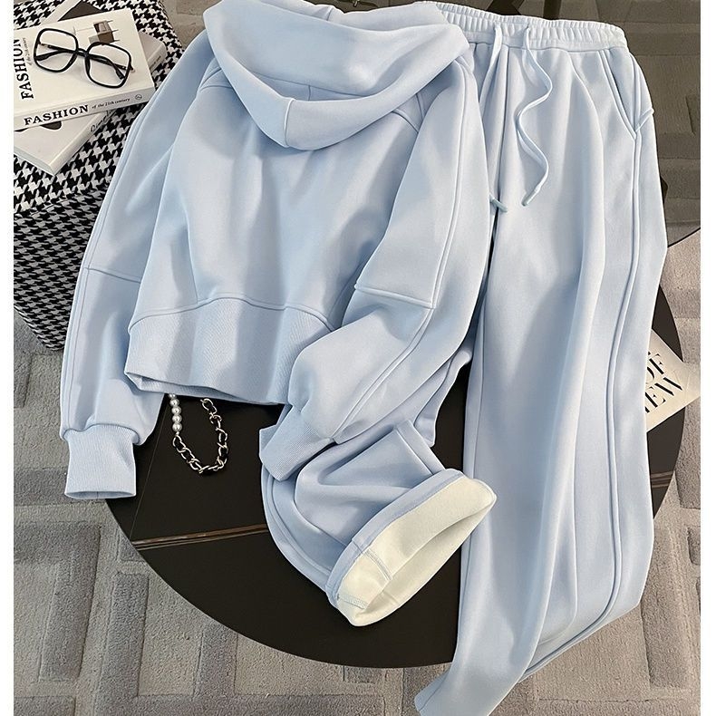 Salt Style ženski casual sportski set plave boje s kapuljačom i širokim hlačama, dva dijela za jesen/zimu