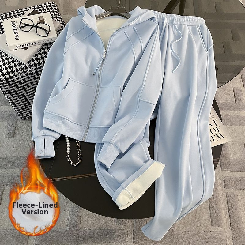Salt Style ženski casual sportski set plave boje s kapuljačom i širokim hlačama, dva dijela za jesen/zimu