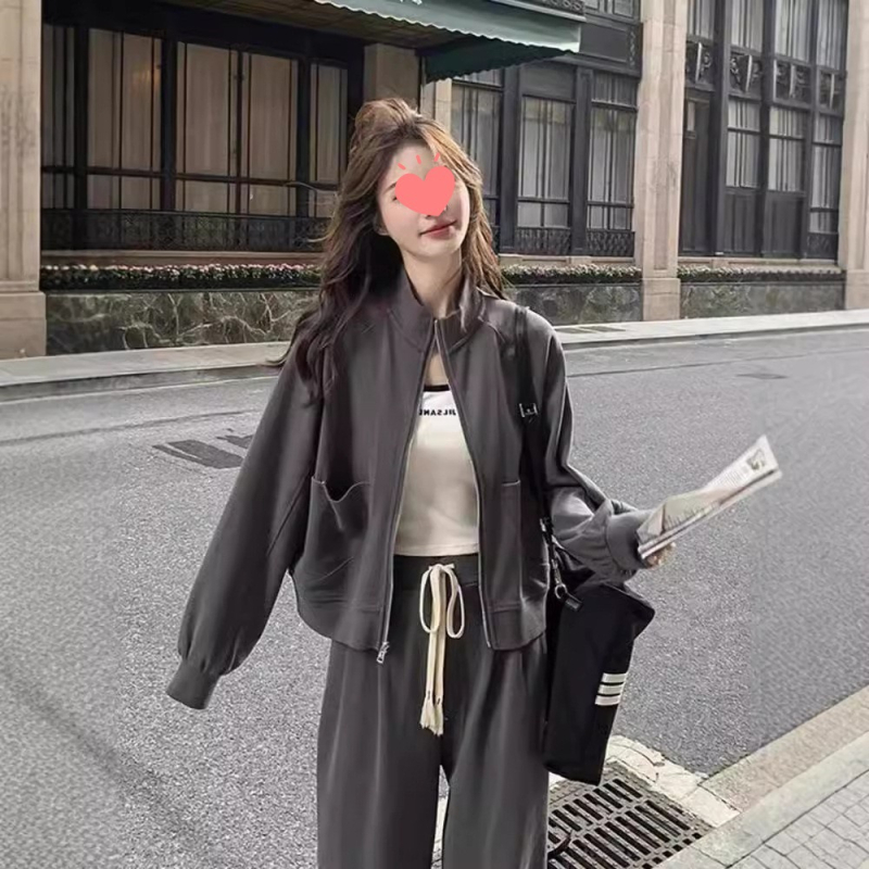 Damski dvodijelni casual kostim: jakna s stojećim ovratnikom i ravne hlače, poliester, jesen-zima 2024, korejsko-japanski ležerni stil