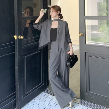 Siva ženska dvodijelna suknja s širokim hlačama, japansko-korejski stil, jesen 2025; Materijal: poliester; Glavni materijal: 70-80% poliester; Ime vlakna: poliester vlakno; Stil: japansko-korejski ležerni stil; Kostim: hlačasti kostim